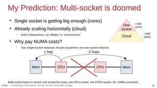 19
Computing Performance: On the Horizon (Brendan Gregg)
●
Single socket is getting big enough (cores)
●
Already scaling horizontally (cloud)
– And in datacenters, via “blades” or “microservers”
●
Why pay NUMA costs?
– Two single-socket instances should out-perform one two-socket instance
Multi-socket future is mixed: one socket for cores, one GPU socket, one FPGA socket, etc. EMIB connected.
Cloud
My Prediction: Multi-socket is doomed
CPU CPU
Mem Mem
1 hop 2 hops
One
socket
<100
cores
>100
cores
 