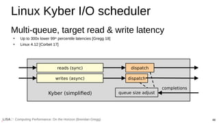 48
Computing Performance: On the Horizon (Brendan Gregg)
Linux Kyber I/O scheduler
Multi-queue, target read & write latency
●
Up to 300x lower 99th percentile latencies [Gregg 18]
●
Linux 4.12 [Corbet 17]
reads (sync) dispatch
writes (async) dispatch
completions
queue size adjust
Kyber (simplified)
 