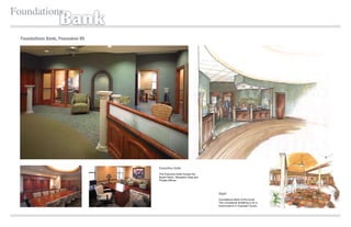 Foundations
                   Bank
  Foundations Bank, Pewaukee WI




                                  Executive Suite
                                  The Executive Suite houses the
                                  Board Room, Reception Area and
                                  Private Ofﬁces.




                                                                   Right
                                                                   Foundations Bank of the future.
                                                                   This conceptual rendering is for a
                                                                   future branch in Ozaukee County.
 