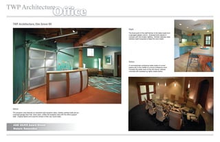 TWP Architecture
                                                          Ofﬁce
  TWP Architecture, Elm Grove WI
                                                                                                  Right
                                                                                                  The focal point of the staff kitchen is the table made from
                                                                                                  a salvaged plaster column. Exposed brick stands in
                                                                                                  contrast with the modern lighting. Kitchen cabinets were
                                                                                                  stained a light turquoise to keep the room bright.




                                                                                                  Below
                                                                                                  A commissioned conference table made of curved
                                                                                                  beams sits in the middle of a round conference room.
                                                                                                  Formerly the boiler room of the old church, stained
                                                                                                  concrete with recessed up lights create drama.




  Above
  The reception area features an industrial style reception desk, metallic painted walls and an
  overhead garage door that, when open, uniﬁes the reception area with the ofﬁce support
  staff. Original beams and columns remain in their raw, found state.




  ASID SILVER Award Winner
  Historic Renovation
 