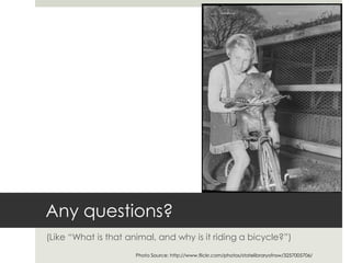 Any questions?
(Like “What is that animal, and why is it riding a bicycle?”)
                      Photo Source: http://www.flickr.com/photos/statelibraryofnsw/3257005706/
 
