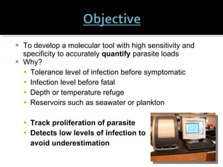To develop a molecular tool with high sensitivity and specificity to accurately  quantify  parasite loads Why? Tolerance level of infection before symptomatic Infection level before fatal Depth or temperature refuge Reservoirs such as seawater or plankton Track proliferation of parasite Detects low levels of infection to  avoid underestimation 