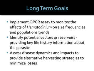 Implement QPCR assay to monitor the effects of  Hematodinium  on size frequencies and populations trends Identify potential vectors or reservoirs - providing key life history information about the parasite Assess disease dynamics and impacts to provide alternative harvesting strategies to minimize losses 