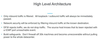 High Level Architecture
• Only inbound traffic is filtered. All loopback / outbound traffic will always be immediately
passed.
• Network security will be enforced by filtering inbound traffic at the known destination.
• DFW rejects traffic, we do not drop traffic. The source host knows that its been rejected with
a ICMP port unreachable event.
• Build safeguards. Don’t firewall off 30k machines and become unrecoverable without pulling
power to the whole datacenter.
 