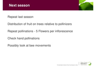 Next season


Repeat last season

Distribution of fruit on trees relative to pollinizers

Repeat pollinations - 5 Flowers per inflorescence

Check hand pollinations

Possibly look at bee movements




                                         The New Zealand Institute for Plant & Food Research Limited
 