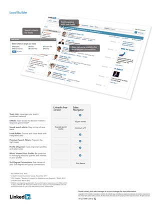Lead Builder

                                                                          Build pipeline
                                                                          with new leads

                     Search criteria
                     for leads




                                                                                      Gain full-name visibility for
                                                                                      third-degree connections




                                                               LinkedIn free           Sales
                                                               version                 Navigator
Team Link: Leverage your team’s
combined network

InMails: Gain access to decision makers –                                                10 per month
response guaranteed*

Saved search alerts: Stay on top of new                         3 saved search
                                                                                         minimum of 7
leads                                                               results

Lead Builder: Source and close deals with
integrated data

Premium Search Filters: Pinpoint the
right leads

Profile Organizer: Save important profiles
and sales notes

Who’s Viewed Your Profile: Be proactive
in managing inbound queries and interest
in your profile

3rd Degree Connections: See names of
                                                                                           First Name
your 3rd degree and group connections



1
  As of March 31st, 2012
2
  LinkedIn Charter Customer Survey, November 2011
3
  CSO Insights, “Results of LinkedIn for Salesforce.com Research,” March 2012
4
  LinkedIn Data, March 2012
* InMails are response guaranteed: if you don’t get a response to an InMail within
  7 days, LinkedIn will return the credit to your account. Unused InMails roll over
  and accumulate for up to 90 days while you are a subscriber.


                                                                                             Please contact your sales manager or account manager for more information.
                                                                                             Copyright © 2012 LinkedIn Corporation. LinkedIn, the LinkedIn logo, and InMail are registered trademarks of LinkedIn Corporation in
                                                                                             the United States and/or other countries. All other brands and names are the property of their respective owners. All rights reserved.

                                                                                             10-LCS-064-G 0612
 