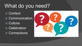 What do you need?
 Context
 Communication
 Culture
 Celebration
 Connections
 