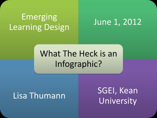 Emerging
                             June 1, 2012
Learning Design
          IGNITE – EdubloggerConEast
                  July 25, 2011
       What The Heck is an
                  Lisa Thumann
         http://thumannresources.com
         Infographic?

                              SGEI, Kean
Lisa Thumann
                              University
 