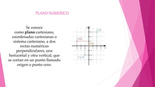 PLANO NUMERICO
Se conoce
como plano cartesiano,
coordenadas cartesianas o
sistema cartesiano, a dos
rectas numéricas
perpendiculares, una
horizontal y otra vertical, que
se cortan en un punto llamado
origen o punto cero.
 