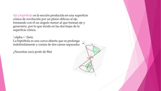 4)La hipérbola es la sección producida en una superficie
cónica de revolución por un plano oblicuo al eje,
formando con él un ángulo menor al que forman eje y
generatriz, por lo que incide en las dos hojas de la
superficie cónica.
alpha > beta
La hipérbola es una curva abierta que se prolonga
indefinidamente y consta de dos ramas separadas.
¿Necesitas un/a profe de Mat
 