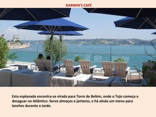 DARWIN'S CAFÉ 
Esta esplanada encontra-se virada para Torre de Belém, onde o Tejo começa a 
desaguar no Atlântico. Serve almoços e jantares, e há ainda um menu para 
lanches durante a tarde. 
 