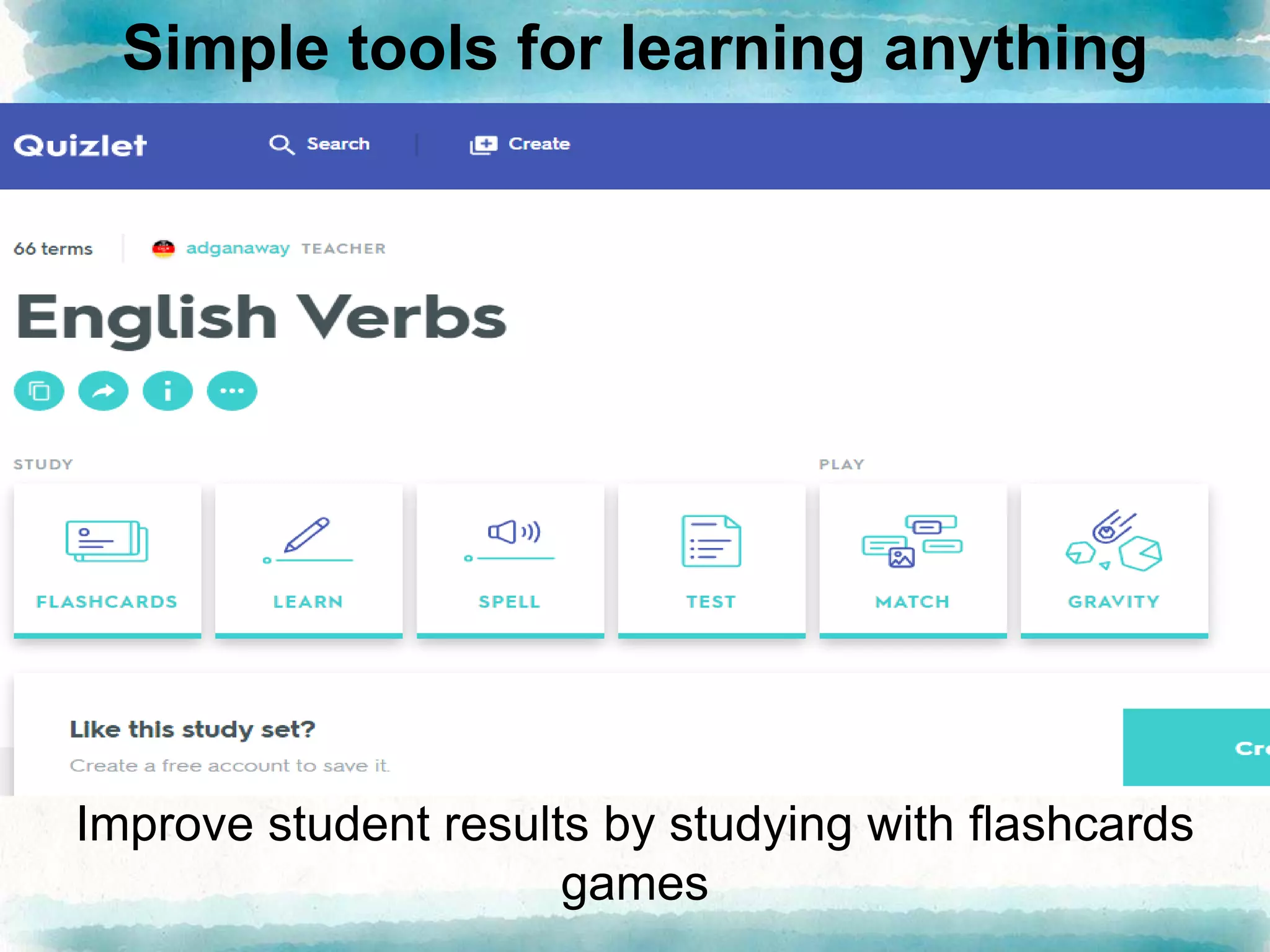 Simple tools for learning anything
Improve student results by studying with flashcards
games
 