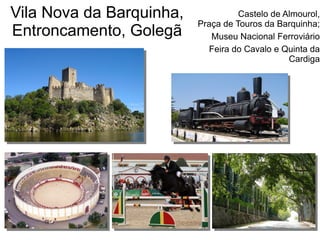 Vila Nova da Barquinha,
Entroncamento, Golegã
Castelo de Almourol,
Praça de Touros da Barquinha;
Museu Nacional Ferroviário
Feira do Cavalo e Quinta da
Cardiga
 