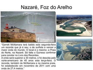 Nazaré, Foz do Arelho
“Garrett McNamara terá batido esta segunda-feira
um recorde que já é seu, o de surfista a vencer a
maior onda do mundo. O local é o mesmo: a Praia
do Norte, na Nazaré. Só falta o Guiness confirmar
para constar no Livro dos Recordes.
A onda será superior a 30 metros, e foi descida pelo
norte-americano de 45 anos esta terça-feira. O
recorde, também de McNamara e na mesma praia,
foi estabelecido em novembro de 2011 com uma
onda de 27,4 metros.”
 