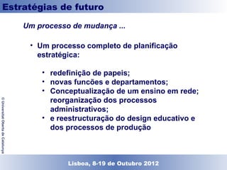 Estratégias de futuro

                                    Um processo de mudança ...

                                     • Um processo completo de planificação
                                       estratégica:

                                        • redefinição de papeis;
                                        • novas funcões e departamentos;
                                        • Conceptualização de um ensino em rede;
                                          reorganização dos processos
© Universitat Oberta de Catalunya




                                          administrativos;
                                        • e reestructuração do design educativo e
                                          dos processos de produção



                                              Lisboa, 19 de Dezembro de 2011
                                                Lisboa, 8-19 de Outubro 2012
 