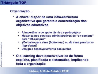 Triángulo TOP

                                    Organização ...
                                     • A chave: dispôr de uma infra-estructura
                                       organizativa que garanta a concretização dos
                                       objetivos educativos

                                         • A importância do apoio técnico e pedagógico
                                         • Mudança nos serviços administrativos de “on-campus”
                                           para “off-campus”
                                         • ¿De baixo para cima (bottom-up) ou de cima para baixo
© Universitat Oberta de Catalunya




                                           (top-down)?
                                         • Design e desenvolvimento dos cursos

                                     • O e-learning deve desenvolver-se de forma
                                       explícita, planificada e sistemática, implicando
                                       toda a organização

                                               Lisboa, 19 de Dezembro de 2011
                                                 Lisboa, 8-19 de Outubro 2012
 