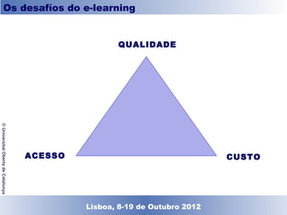 Os desafíos do e-learning


                                                      QUALIDADE
© Universitat Oberta de Catalunya




                                    ACESSO                                    CUSTO




                                             Lisboa, 19 de Dezembro de 2011
                                               Lisboa, 8-19 de Outubro 2012
 