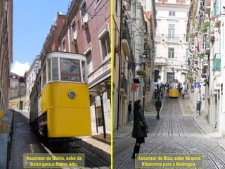 Ascensor da Glória, sobe da
Baixa para o Bairro Alto.
Ascensor da Bica, sobe da zona
Ribeirinha para a Madragoa.
 