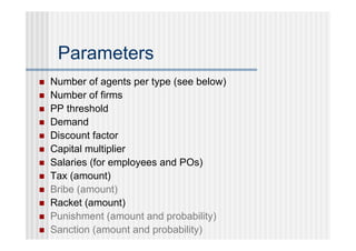 Parameters
   Number of agents per type (see below)
   Number of firms
   PP threshold
   Demand
   Discount factor
   Capital multiplier
   Salaries (for employees and POs)
   Tax (amount)
   Bribe (amount)
   Racket (amount)
   Punishment (amount and probability)
   Sanction (amount and probability)
 