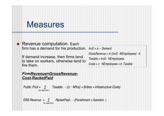 Measures

   Revenue computation. Each
    firm has a demand for his production. InvD = a – Demand
                                                                GrossRevenue = ln (InvD · NEmpoloyees) · K
    If demand increase, then firms tend Taxable = InvD · NEmpoloyees
    to take on workers, otherwise tend to
    fire them.                            Costs = c · NEmpoloyees + b ·Taxable

    FirmRevenue=GrossRevenue-
    Cost-RacketPaid

    Public Pool =     ∑          Taxable i - ((c · NPos) + Bribes + Infrastructure Costs)
               for each firm i



    ERS Revenue = ∑                    RacketPaid i - (Punishment + Sanction )
                     for each firm i
 