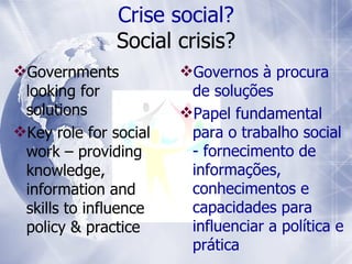Governments looking for solutions Key role for social work – providing knowledge, information and skills to influence policy & practice Governos à procura de soluções Papel fundamental para o trabalho social - fornecimento de informações, conhecimentos e c apacidades  para influenciar a política e prática Crise social? Social crisis? 