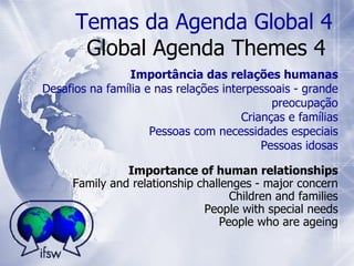 Importance of human relationships Family and relationship challenges - major concern Children and families People with special needs People who are ageing Temas da Agenda Global 4 Global Agenda Themes 4  Importância das relações humanas Desafios na família e nas relações interpessoais - grande preocupação Crianças e famílias Pessoas com necessidades especiais Pessoas idosas 