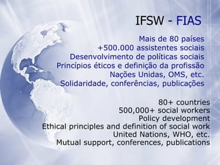 IFSW  -  FIAS 80+ countries 500,000+ social workers Policy development Ethical principles and definition of social work United Nations, WHO, etc. Mutual support, conferences, publications Mais de 80 pa í ses +500.000 assistentes sociais Desenvolvimento de pol í ticas sociais Princ í pios  é ticos e defini ç ão da profissão Na ç ões Unidas, OMS, etc. Solidaridade, conferências, publica ç ões 