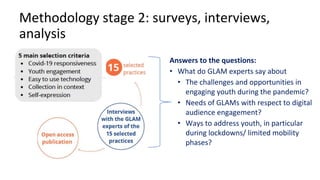 Methodology stage 2: surveys, interviews,
analysis
Answers to the questions:
• What do GLAM experts say about
• The challe...