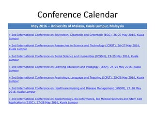 Conference Calendar
May 2016 – University of Malaya, Kuala Lumpur, Malaysia
» 2nd International Conference on Envirotech, Cleantech and Greentech (ECG), 26-27 May 2016, Kuala
Lumpur
» 2nd International Conference on Researches in Science and Technology (ICRST), 26-27 May 2016,
Kuala Lumpur
» 2nd International Conference on Social Science and Humanities (ICSSH), 23-25 May 2016, Kuala
Lumpur
» 2nd International Conference on Learning Education and Pedagogy (LEAP), 24-25 May 2016, Kuala
Lumpur
» 2nd International Conference on Psychology, Language and Teaching (ICPLT), 25-26 May 2016, Kuala
Lumpur
» 2nd International Conference on Healthcare Nursing and Disease Management (HNDM), 27-28 May
2016, Kuala Lumpur
» 2nd International Conference on Biotechnology, Bio Informatics, Bio Medical Sciences and Stem Cell
Applications (B3SC), 27-28 May 2016, Kuala Lumpur
 