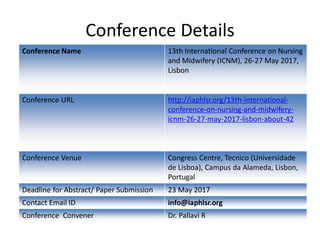 Conference Details
Conference Name 13th International Conference on Nursing
and Midwifery (ICNM), 26-27 May 2017,
Lisbon
Conference URL http://iaphlsr.org/13th-international-
conference-on-nursing-and-midwifery-
icnm-26-27-may-2017-lisbon-about-42
Conference Venue Congress Centre, Tecnico (Universidade
de Lisboa), Campus da Alameda, Lisbon,
Portugal
Deadline for Abstract/ Paper Submission 23 May 2017
Contact Email ID info@iaphlsr.org
Conference Convener Dr. Pallavi R
 