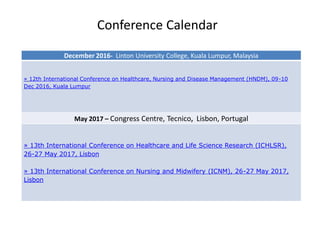 Conference Calendar
December 2016- Linton University College, Kuala Lumpur, Malaysia
» 12th International Conference on Healthcare, Nursing and Disease Management (HNDM), 09-10
Dec 2016, Kuala Lumpur
May 2017 – Congress Centre, Tecnico, Lisbon, Portugal
» 13th International Conference on Healthcare and Life Science Research (ICHLSR),
26-27 May 2017, Lisbon
» 13th International Conference on Nursing and Midwifery (ICNM), 26-27 May 2017,
Lisbon
 