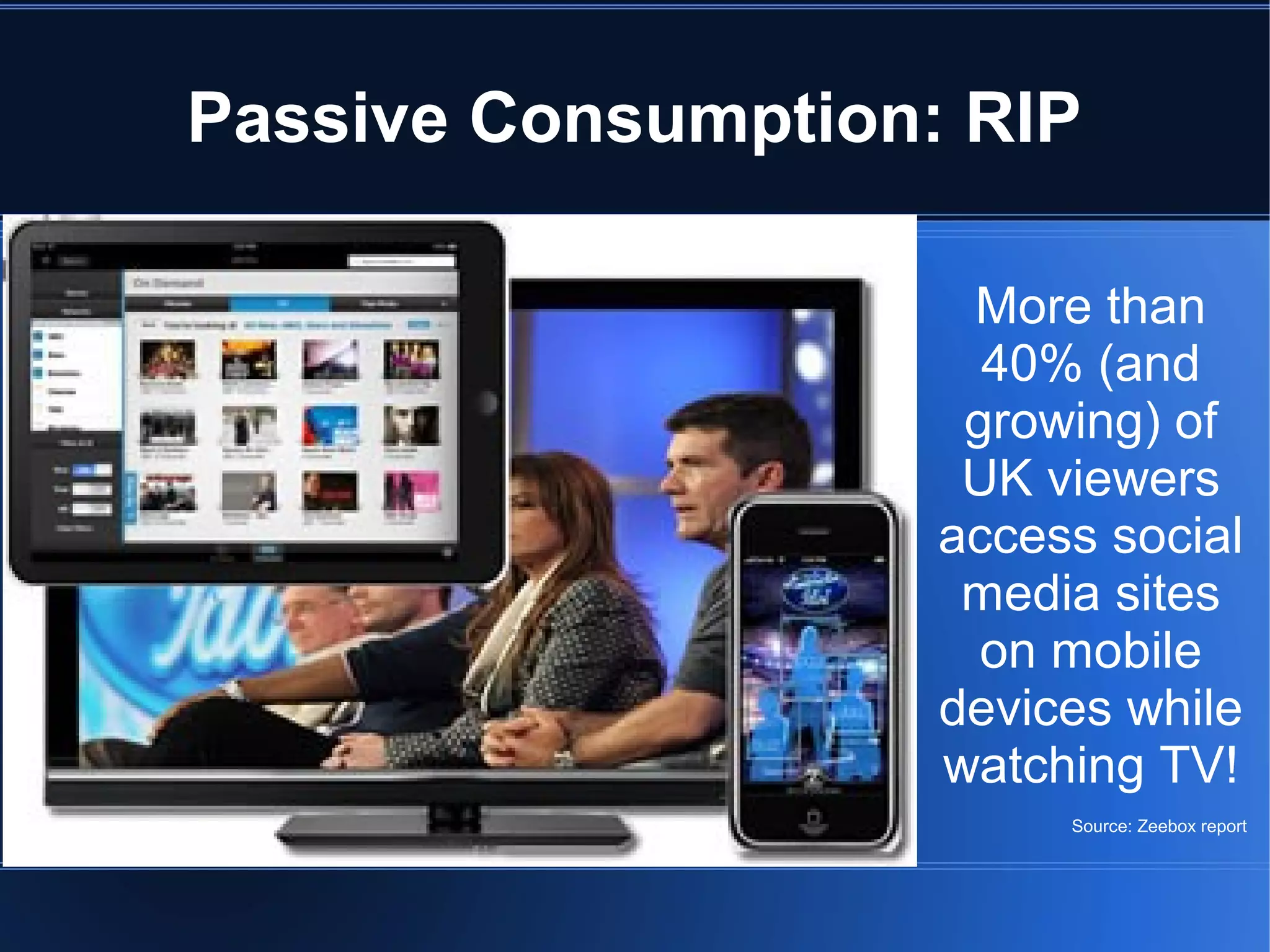 Passive Consumption: RIP

                     More than
                      40% (and
                     growing) of
                     UK viewers
                    access social
                     media sites
                      on mobile
                    devices while
                    watching TV!
                         Source: Zeebox report
 