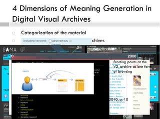 ¨  Categorization of the material
¨  Interactive processes of digital archives
¨  Visualization and contextualization of archive material
¨  Retrieval
4 Dimensions of Meaning Generation in
Digital Visual Archives
main categories from virtualart.at
main categories from V2_archive
Semantic Map, netzspannung.orgTimeline of Audiovisual Culture; Ludwig Boltzmann Institute Media.Art.Research, 2009
http://vis.mediaartresearch.at/webarchive/public/view/mid:40 <17.11.2009>
Advanced Search at GAMA (gama-gateway.eu)
browsing through artworks: main page of „La Fondation Daniel Langlois“list of artists as one entrypoint to medienkunstnetz.de
Starting points at the
V2_archive as one form
of browsing
Learning through search. Source: Morville & Callender 2010, p. 10
 