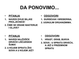 DA PONOVIMO...
• PITANJA
1. NAVEDI DVIJE BILJKE
PROLJEĆNICE!
2. ČIME SE HRANE BAKTERIJE
I GLJIVE?
• ODGOVORI
1. ĐURĐEVAK I BREBERINA.
2. UGINULIM ORGANIZMIMA.
• PITANJA
1. NAVEDI NAJČEŠĆE
DRVEĆE LIŠĆARSKIH
ŠUMA!
2. U KOJEM SPRATU ŽIVI
SOVA A U KOJEM JEŽ?
• ODGOVORI
1. HRAST, GRAB, BUKVA
2. SOVA - U SPRATU DRVEĆA,
A JEŽ U PRIZEMNOM
SPRATU
 