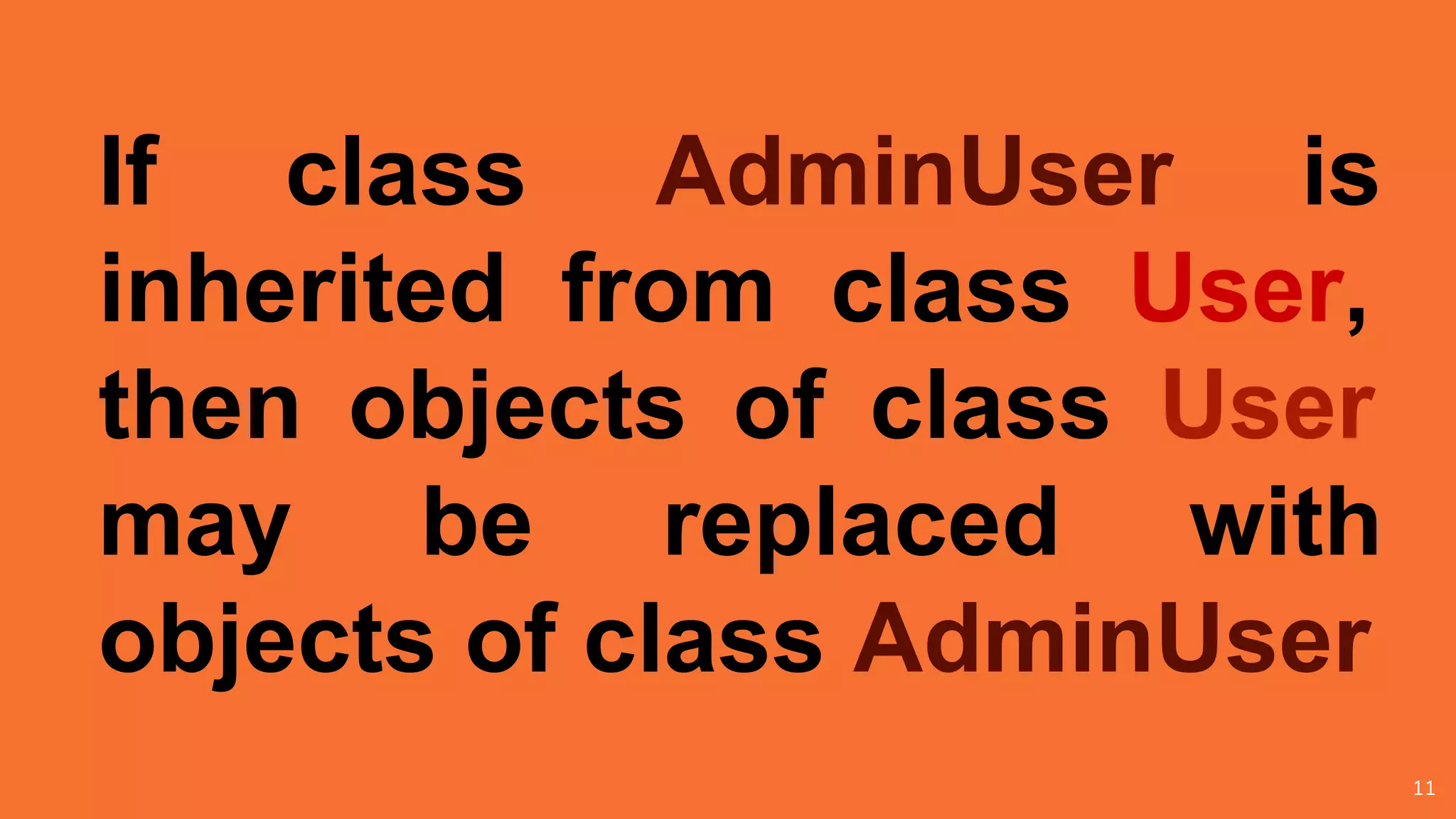 11
If class AdminUser is
inherited from class User,
then objects of class User
may be replaced with
objects of class AdminUser
 