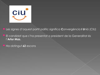 Les signes d’aquestpartit polític significa Convergència I Unió (CIU)   El candidat que s’ha presentat a president de la Generalitat ésl’Artur Mas. Ha obtingut 62 escons 