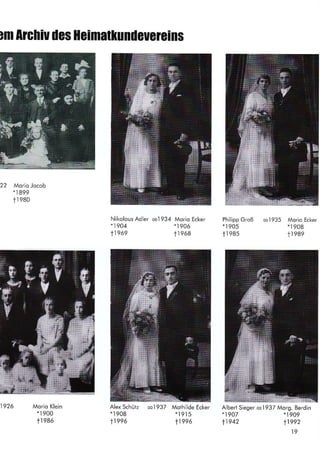 rm [rGhiu des Heimatkundeue]eins
22 Morio Jocob
*1899
tt e80
Nikolous Adler ool934
*1904
t1969
Morio Ecker
*l 906
t1 968
Philipp Groß
*t 905
t1 985
ool935 Morio Ecker
*l 908
t1 989
Morio Klein
*l 900
t1 986
Alex Schütz oo1937
*l 908
t1996
Mothilde Ecker
*l gl5
t1996
Albert Sieger oo1937 Morg. Berdin
*1907 *1909
11942 11992
1926
19
*G
t
lr
lr
lr
i§
§,
-'§§
i*i e*{ q
§w
 