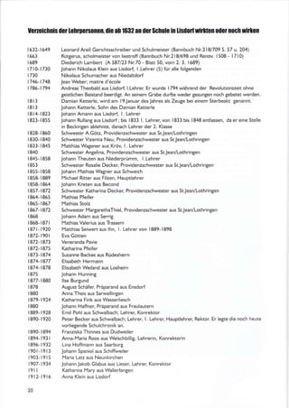 Ion.lcinls ü0r[0[]m§0n0n, üic rb16320n d0rschul0ln lisd0 trirmGn 0[0r[ocn$rl0n
1632- l 649 Leonard Arell Gerichtsschreiber u nd Schu lmeister (Bann buch N r 2 I 8/709 S. 5 7 u. 204)
I 663 Rütgerus, scholmeister von liestroff (Bannbuch N r.2 I 8/698 u nd Renov. I 508 - I 7 I 0)
1689 Diederich Lambert (A 587/23 Nr70 - Blatt 50, vom 2. 3. 1689)
l7l0-1730 Johann Nikolaus Klein aus Lisdorf, Llehrer (5) für alle folgenden
l7l0 Nikolaus Schumacher aus Niedaltdorf
1746-1749 lean Weber; maitre d'6cole
1786-1794 Andreas Theobald aus Lisdod l.Lehrer. Er wurde 1794 während der Revolutionszeh ohne
teistlichen Beistand beerdigt. An seinem Grabe durrte weder gesungen noch tebetet werden.
I 8 I 3 Damian Ketterle, wird am I 9Januar des Jahres als ZeuSe bei einem Sterbeakt Eenannt.
l8l3 lohann Ketterle, Sohn des Damian Ketterle
1814-1821 Johann Amann aus Lisdorf, l. Lehrer
1823-1855 Johann Rullant aus Lisdorf; bis 1833 l- Lehrer, von 1833 bis 1848 entlassen, da er eine Stelle
in Beckingen ablehnte, danach Lehrer der 2. Klasse
1828-1860 SchwesterA.Götz, ProvidenzschwesterausSt.Jeän/Lothringen
1830-1840 Schwester Vizentia Neu, Providenzschwester aus StJean/Lothringen
1833-1845 Matthias Wagener aus Kröv L Lehrer
1840 SchwesterAngelina,ProvidenzschwesterausStJean/Lothringen
1845- 1858 Johann Theuten aus Niederprümm, l.Lehrer
1853 SchwesterRosalieDecker,ProvidenzschwesterausSt.Jean/Lothringen
1855- lS5S Johann Mathias Wagner aus Schweich
1858- 1889 Michael Ritter aus Filzen. Hauptlehrer
1858- 1954 Johann Kreten aus Becond
lA57-1A72 Schwester Katharina Decker, Provideizschwester aus StJean/Lothringen
1864-1865 Mathiasffeifer
1865-1867 l,lathiasStolz
1867-1872 Schwester l'4artarethaThiel, Providenzschwester aus St.jeän/Lothringen
1868 lohänn Adam aus SerriS
1868-1871 l'lathias Valerius aus Trassem
l87l-1920 l,lafthias Seiwert aus lhn. L Leh.er von 1889- 1898
1872-1901 Eva Götten
1872-1873 VenerandaPavie
1872-1875 KatharinaPfeifer
1871-1874 Susanne Backes aus Rudesheirn
1874-1877 ElisabethHermann
lS74-lS7S Elisabeth Weiland aus Losherm
1875 Johann Hunning
1877- 1880 llse BurSund
1878 August Schäfer, Präparand aus Ensdorf
1880 Anna Theis aus Sarwellingen
lA79-1924 Käthärina Fink aus wasserlaesch
1880 Johann Haffner Präpärand aus Fraulautern
1889-1928 Emil Pohl aus Schwalbach: Lehrer. Konrektor
I 890- I 920 Peter Becker aus Schwalbach; Leh rer, I . Lehrer, Hau ptleh rer, Rektor. E r legte die noch heute
vorliegende Schulchronik an.
1890- 1894 Franziska Thinnes aus Dudweiler
1894- l93l Anna-Maria Roos aus WelschbilliE, Lehrerin, Konrektorin
lA96-1932 Lina Hoffmann aus SaarburS
l90l- 1913 lohann Spaniol aus Schiffweiler
1903- 1915 lYaria Latz aus Neunkirchen
1907-1934 Johann lakob Glabus aus Lieser, Lehrer, Konrektor
l9l I Katharina |'lary aus Wallerfangen
l9l2-1916 Anna Klein aus Lisdorf
20
 