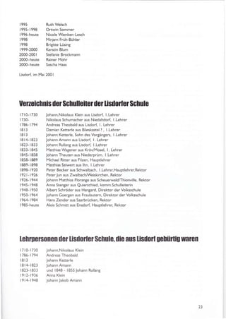 1995 Ruth Welsch
1995-1998 OrtwinSommer
1996-heute NicoleWienken-Lesch
1998 Miriarn Früh-Bühler
1998 Brigitte Lüsint
1999-2000 Kerstin Blum
2000-2001 StefanieBrockmann
2000-heute Painer Mohr
2000-heute Sascha Haas
Lisdorf. im Mai 200 I
UGnGicnnis dcr SchullcitGr dGr lisdorlcr Schule
l7l0-1730 Johann,Nikolaus Klein aus Lisdorf, l.Lehrer
1730- Nikolaus Schumacher aus Niedaltdorf. Llehrer
1786-1794 Andreas Theobald aus Lisdorl l. Lehrer
l8l3 Damian Ketterle aus Blieskastel? , l.Lehrer
l8l3 Johann Ketterle, Sohn des Vorgängers, l.Lehrer
l8l4- 1823 johann Amann aus Lisdorf, L Lehrer
1823- 1833 Johann Rullant aus Lisdorl l.Lehrer
I 83 l - I 845 Matthras Wa8ene r aus Krov/l'1osel, L Leh rer
1845- 1858 johann Theuten aus Niederprüm, l.Lehrer
1858-1889 Michäel Ritter äus Filzen, Hauptlehrer
1889- 1898 lYatthias Seiwen aus lhn. l.Lehrer
1898-1920 Peter Becker aus Schwalbach, I . Leh rer, Hauptlehrer, Rektor
I 92 l - 1926 Peter.lun aus Zwalbach^Veiskirchen, Rektor
1926-1944 Johann Matthias Florange aus Scheuerwald/Thionville, Rektor
1945-1944 AnnaStengerausQuierschied,komm.Schulleiterin
1948-1950 Albert Schröder äus Hangard, Direktor der Volksschule
1950-1964 lohann GoerSen aus Fraulautern, Direktor der Volksschule
1964-1984 Haos Zender aus Saarbrücken, Rektor
1985-heute Alois Schmitt aus Ensdorf. Hauptlehrer, Rektor
lenrrcrsonGn der lisd0ilH Schulc, dic aus lisdofi ge[ünig wa]cn
l7l0-1730 Johann,Nikolaus Klein
1786-1794 AndreasTheobald
l8l3 lohann Ketterle
lSl4-1823 Johann Amann
1823-1833 und 1848 - l855.lohann Rullan8
1912-1936 Anna Klein
19l4-1948 Johann Jakob Amann
23
 