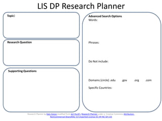 LIS DP Research Planner
Topic:                                                                       Advanced Search Options
                                                                             Words:




Research Question                                                            Phrases:




                                                                             Do Not include:


Supporting Questions

                                                                             Domains (circle) .edu             .gov         .org   .com

                                                                             Specific Countries:




              Research Planner by Katy Vance modified from Jeri Hurd’s Research Planner under a Creative Commons Attribution-
                                      NonCommercial-ShareAlike 3.0 Unported License (CC BY-NC-SA 3.0)
 