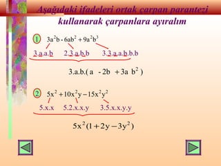 Aşağıdaki ifadeleri ortak çarpan parantezi
kullanarak çarpanlara ayıralım
3222
b9a6ab-b3a +
2222
yx15yx10x5 −+
)y3y21(x5 22
−+
1
3.a.a.b 2.3.a.b.b 3.3.a.a.b.b.b
)b3a2b-a3.a.b.( 2
+
2
5.x.x 5.2.x.x.y 3.5.x.x.y.y
 