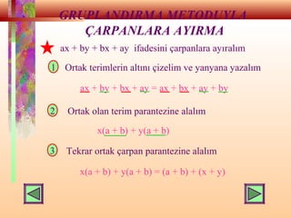 GRUPLANDIRMA METODUYLA
ÇARPANLARA AYIRMA
ax + by + bx + ay ifadesini çarpanlara ayıralım
1 Ortak terimlerin altını çizelim ve yanyana yazalım
ax + by + bx + ay = ax + bx + ay + by
3
2 Ortak olan terim parantezine alalım
x(a + b) + y(a + b)
Tekrar ortak çarpan parantezine alalım
x(a + b) + y(a + b) = (a + b) + (x + y)
 