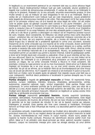 în legătură cu un eveniment petrecut la un moment dat sau cu orice altceva legat 
de trecut. Dacă medicamentul trebuie luat pe cale cutanată, atunci problema e 
legată mai curând de dimensiunea emoţională. E vorba de ceea ce se întâmplă în 
viaţa ta în prezent. Probabil că, la ora actuală, anumite evenimente produc în tine 
multe emoţii şi uiţi că trebuie să vezi dragostea în tot ce ţi se întâmplă. Dacă e 
vorba de un medicament care trebuie luat pe cale respiratorie, cauza problemei 
este legată de dimensiunea mentală şi de viitor. Poţi descoperi că îţi faci prea multe 
griji în ce priveşte viitorul sau că ţi-e teamă de ceva legat de viitor. Un alt mijloc 
care te poate ajuta să găseşti cauzele bolii constă în a-ţi pune întrebări: „Ce s-a 
întâmplat în viaţa mea în momentul în care boala şi-a făcut apariţia? Dacă această 
parte a corpului meu ar fi scoasă complet din funcţiune, ce anume m-ar împiedica 
să fac în prezent? In ce scop folosesc cel mai des această parte a corpului?". Pentru 
a afla ce e de făcut şi pentru a descoperi ce măsuri să iei împotriva acestor lucruri 
de care, treptat, devii conştientă, te sfătuiesc să citeşti prima mea carte Ascultă-ţi 
corpul - prietenul tău cel mai bun, în care am prezentat mijloace concrete de a te 
debarasa de frică, de a-ţi exprima emoţiile, de a înceta să trăieşti în trecut etc. 
Dacă trupul tău e afectat de o problemă apărută în urma unui accident, aceasta 
înseamnă că te simţi vinovată sau ţi-e teamă să te simţi vinovată. Acest sentiment 
de vinovăţie este în general inconştient. Ca să descoperi despre ce e vorba, verifică 
ce parte a corpului tău este rănită şi la ce anume îţi este utilă. Omul, când se simte 
vinovat, are tendinţa naturală de a se autopedepsi. Atunci, se pedepseşte în mod 
inconştient printr-un accident sau printr-o durere intensă. Când te pedepseşti astfel, 
e bine să te întrebi dacă eşti vinovată cu adevărat. Chiar ai avut intenţia să faci rău, 
ţie sau altcuiva? Dacă nu, încetează să te mai acuzi; astfel nu va mai trebui să te 
pedepseşti. Se întâmplă şi ca o persoană să-şi provoace un accident pentru a-şi 
acorda un răgaz. Se va simţi vinovată fiindcă a făcut-o în mod conştient. De 
exemplu: cineva îşi rupe piciorul ca să nu mai muncească. Când omul va fi destul de 
înţelept să înceteze de a se mai acuza, nu va mai simţi nevoia să-şi provoace 
suferinţă. Va şti să se afirme, să ia hotărâri fără să se învinovăţească pe sine însuşi 
sau să acuze pe altcineva. Va fi capabil să crească şi să evolueze în pace şi bucurie. 
Iată încă un mijloc care te poate ajuta să găseşti mai repede cauza unei boli sau a 
unei indispoziţii. Verifică dacă problema e localizată în partea dreaptă sau în cea 
stângă a corpului. 
Partea dreaptă e legată de principiul masculin al fiinţei. El reprezintă forţa, 
puterea, curajul, nobleţea, măreţia, bravura, dreptatea, perseverenţa, voinţa, 
autonomia, aspectul raţional, logic, simţul organizării. Este partea fiinţei care 
acţionează, în urma ordinelor primite de la principiul feminin, care are rolul de a 
decide şi a crea..Acest aspect a fost influenţat puternic de tatăl tău, căci de la el ai 
învăţat să-ţi dezvolţi principiul masculin. Observă ce legătură ar putea exista între 
tatăl tău şi atributele enumerate mai sus. 
Partea stângă reprezintă principiul feminin. Acesta exprimă tandreţea, 
puritatea, delicateţea, frumuseţea, bunătatea, farmecul, receptivitatea. Este legat 
de artă, de poezie, de muzică, de armonie. De aici se nasc intuiţia şi creativitatea. El 
îţi permite să te laşi condusă de intuiţie în loc să te bazezi numai pe raţiune, 
înţelegere şi analiză. Este partea din tine care creează şi hotărăşte. Principiul 
feminin al fiinţei tale a fost influenţat de mamă; s-a dezvoltat potrivit celor învăţate 
de la ea. 
In societatea actuală, majoritatea oamenilor au învăţat să-şi dezvolte cu precădere 
principiul masculin. Unii nu au regăsit destul de puternic principiul masculin la tatăl 
lor, acesta manifestându-se mai intens în cazul mamei. Acest lucru poate da 
naştere la foarte multă confuzie. Procesul de identificare devine astfel mult mai 
dificil. Ideal ar fi să utilizăm cele două principii pe rând, potrivit nevoilor noastre. 
Deseori, corpul ne transmite mesaje prin care ne atrage atenţia că unul dintre 
47 
 