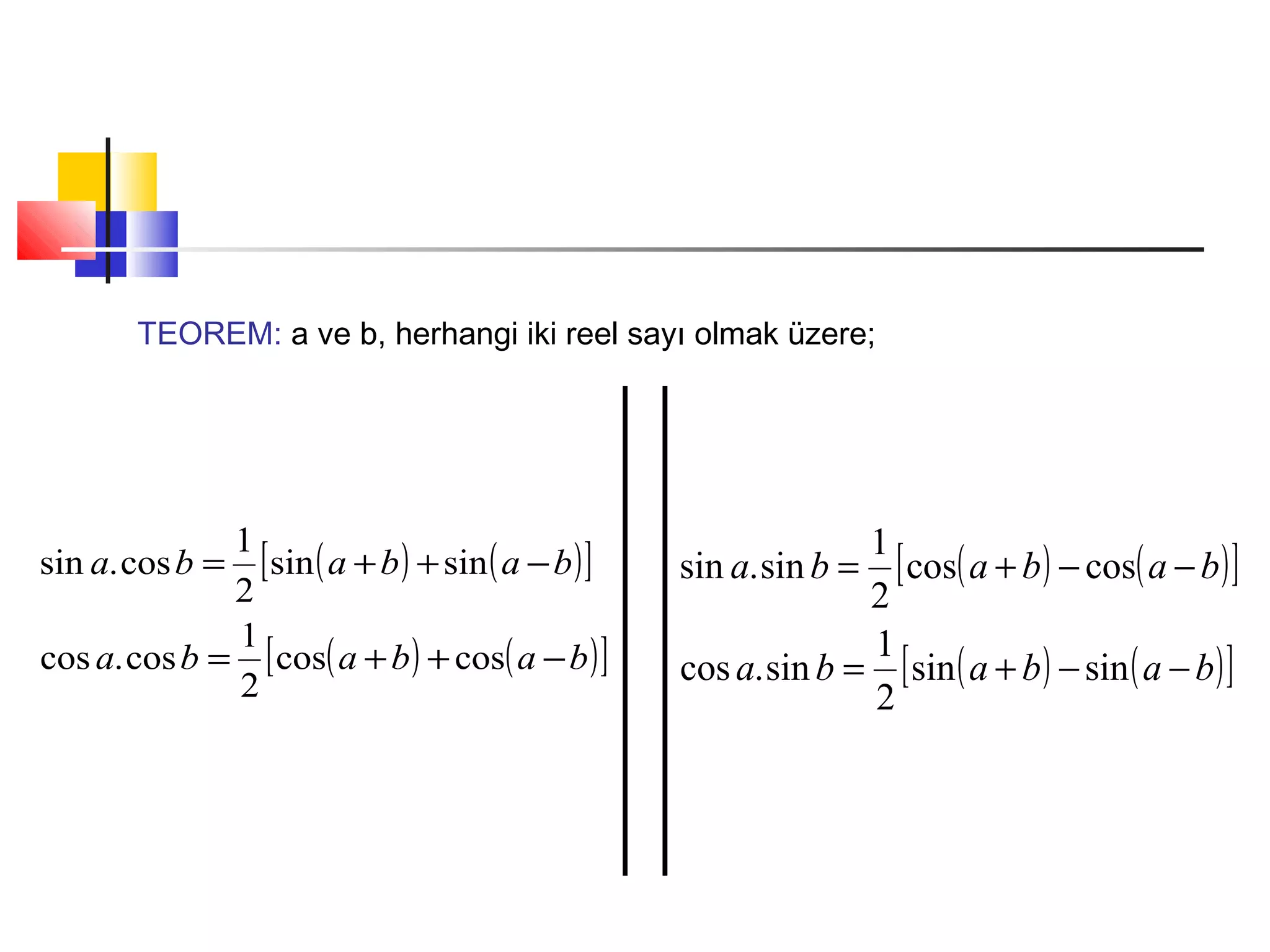 TEOREM: a ve b, herhangi iki reel sayı olmak üzere;
( ) ( )[ ]
( ) ( )[ ]bababa
bababa
−++=
−++=
coscos
2
1
cos.cos
sinsin
2
1
cos.sin ( ) ( )[ ]
( ) ( )[ ]bababa
bababa
−−+=
−−+=
sinsin
2
1
sin.cos
coscos
2
1
sin.sin
 