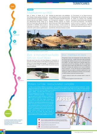 TERRITOIRES
www.lgv-sea-tours-bordeaux.fr
10
[ Vienne ]
Poitiers, La Folie : restructuration complète
A La Folie, au nord de Poitiers, l’édification d’une estacade - pont caractérisé par un nombre plus importants de pieds de soutènement - entraîne
quelques perturbations pour les usagers de la RD910 Poitiers-Châtellerault et ceux de la RN147 Limoges-Angers. A la mi-juillet, le terre-plein central de
la RD910 a été entièrement restructuré, obligeant les automobilistes à circuler sur une voie au lieu de deux. Au mois de septembre, la construction d’un
giratoire a débuté. « Nous allons creuser une tranchée sous la
RD910,danslaquellepasserontdesbusages-destuyauxenbétonqui
permettront le rétablissement hydraulique - et des fourreaux, des
tuyaux plus petits pour les réseaux électriques. La circulation sur la
RD910 ne sera jamais interrompue en journée. Seules les bretelles
entre la RD910 et la RN147 seront coupées successivement en
concertation avec les gestionnaires de voirie concernée », détaille
GéraldBassez,responsabledesrétablissementsdevoiriespour
COSEA. Cette phase du chantier devrait durer jusqu’àl’été 2014.
Autre conséquence induite par la construction de l’estacade : le
déménagement partiel du refuge de la Société Protectrice des
Animaux. «IlestactuellementsituésurlazonederemblaisdelaLGV,
explique Stéphane Brondino, directeur du chantier dans la
Vienne. D’ici la fin de l’année, nous allons construire un
chenil-fourrièreetunrefugesurunterrainmitoyen.Touslesanimaux
seront transférés dans ces nouvelles installations aux normes.»
Brux : matériaux en stock
D’importants travaux de terrassement ont été réalisés à Brux
aux mois de mai et juin. La plate-forme ainsi créée est destinée
au stockage des matériaux tels que la sous-couche ferroviaire*
et le ballast** qui seront utilisés dans la dernière phase de la
construction de la LGV Tours-Bordeaux, dès 2014. La réalisation
d'une piste d'accès reliant cette plate-forme au chantier de la
LGV pour la livraison des matériaux est en cours de définition
avec la commune. « Ce site a été choisi pour ses qualités pratiques,
explique Axel de Luze, adjoint au directeur opérationnel en sud
Vienne pour COSEA. Son étendue de six hectares, et son accès direct
à la RN10 constituent notamment de précieux atouts. »
* Granulat constitué de pierres dures concassées destiné à soutenir les
traverses.
** Lit de gravier qui supporte la voie de chemin de fer.
Biard : le monument aux fusillés
dans son nouvel espace
Situé juste sous la trace de la LGV Tours-Bordeaux en construction, le
monument aux fusillés de Biard a dû être déplacé de quelques dizaines de
mètres, sur un nouvel emplacement paysager. Le cheminement et la zone
de remblais pourront accueillir un grand nombre de personnes pour les
cérémonies officielles.
Modifications sur l’A10
Dans la Vienne, le chantier de la LGV
Tours-Bordeaux entraîne quelques modifications
du réseau autoroutier. D’ici quelques semaines,
l’aire de repos des Cent Septiers, à Poitiers,
sera définitivement fermée. Située sur le
tracé de la future ligne, elle sera détruite et
reconstruite un kilomètre plus au nord, à
l’identique ou presque. « La nouvelle aire
comprendra quatorze places supplémentaires
réservées aux poids lourds, et les installations
seront adaptées aux normes environnementales
en vigueur. Une attention particulière sera portée
aux aménagements paysagers », annonce
Stéphane Brondino, directeur du chantier
dans la Vienne pour COSEA. Autre changement
induit par les travaux : la mise en service de
deux portions provisoires d’autoroute, à
proximité des communes de Fontaine-le-Comte
(La Devinalière) et de Migné-Auxances
(Chardonchamp). Elles permettront aux équipes
de chantier de construire deux tranchées
couvertes en toute sécurité, pour le passage
de la LGV sous l’autoroute. « Ces déviations
seront en service à l’automne ; la vitesse
autorisée y sera moins élevée que sur l’A10, soit
90 km/h, pour atténuer les nuisances sonores. »
Châtellerault
Poitiers
Angoulême
Les réalisations (ouvrages, installations …) présentées
dans les pages Territoires sont issues des études
techniques préliminaires, des contraintes
géographiques locales et de la concertation avec les
communes concernées.
Travaux en cours le long de l'autoroute à Fontaine-le-Comte (86).
1
2
3
4
Après son passage sous l’A10, la ligne de raccordement vers la gare de Poitiers
passera au-dessus de la RD 910, de la N 147, puis de la ligne ferroviaire existante
Nouveau giratoire et nouvelles bretelles d’entrée/sortie
Passage de l’estacade au-dessus de la N 147
Zone de raccordement à la ligne ferroviaire existante
 