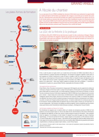 GRAND ANGLE
A l’école du chantier
6
La LGV, de la théorie à la pratique
Il y a un peu plus d’un an, COSEA multipliait les réunions d’information pour présenter les opportunités
en matière d’emploi et de formation aux habitants des 3 régions concernées par le chantier de la LGV.
Près de 1 500 personnes vont ainsi être formées aux métiers du terrassement et du génie civil d’ici la
ﬁn de l’année, grâce au concours des acteurs locaux. Elles travailleront ensuite à la construction de la
ligne. Conçues par COSEA, les formations alternent théorie et pratique. Pour recevoir les stagiaires,
9 plates-formes ont été installées le long du tracé. Au mois de juillet, près de 200 stagiaires étaient
déjà sortis des premières sessions avec l’assurance d’un contrat de travail.
A St-Martin-d’Ary (17), COSEA forme des hommes à pieds* et des conducteurs d’engins. Depuis
juin et jusqu’à novembre, les stagiaires répartis par groupes de 14 vont suivre des cours théoriques
et participer à des exercices pratiques. Les premiers reçus ont déjà été envoyés sur le terrain, un
CDI à durée de chantier en poche.
[ Sur le terrain ]
www.lgv-sea-tours-bordeaux.fr
Il fait un soleil de plomb cet après-midi-là, sur la plate-forme de formation de COSEA à Saint-Martin-d’Ary, en
Charente-Maritime, à quelques kilomètres de Montguyon. Une trentaine de stagiaires s’apprête à rentrer dans un
des bungalows de chantier, transformés en salle de classe et installés à côté d’un vaste terrain d’exercice. « La
plate-forme est ouverte depuis juin. Elle devrait fermer en novembre. Située sur l’emprise de la ligne, elle disparaitra sous les
rails », détaille, Jean-François Coudert, responsable du lieu et formateur pour l’Afpa**, à qui COSEA a délégué la
gestion de la plate-forme. « Nous avons installé 9 plateaux de formation entre Tours et Bordeaux : 5 concernent le
terrassement et 4 le génie civil », poursuit Robert Piechon, responsable de la formation à COSEA.
Une opportunité de reconversion
A Saint-Martin-d’Ary, 3 formateurs vont prendre en charge jusqu’à 140 stagiaires, pour leur apprendre les métiers de
conducteurs d’engins et d’hommes à pieds. La plupart des participants a entendu parler de la proposition de COSEA
grâce à Pôle Emploi, les missions locales, les conseils régionaux et généraux et les acteurs de l’insertion, ou lors de
l’une des nombreuses réunions d’information organisées par LISEA et COSEA dans tous les départements concernés
par le chantier. « L’action menée par les acteurs locaux a été déterminante en matière d’information et de qualification des
candidatures, reprend Thierry Fayoux, directeur de la formation et de l’insertion à COSEA. Les motivations des stagiaires
sont différentes. Une chose est certaine, le contexte économique et la proximité du chantier ont nécessairement eu de l’impact. »
Les publics recrutés sont d’origines professionnelles diverses ; le chantier semble attirer de nombreuses personnes
en reconversion. Certains possèdent déjà une expérience dans les travaux publics. D’autres non. De toute façon, ce
n’est pas indispensable. « Nos formations sont adaptées aux profils des stagiaires. Certains ne bénéficient que d’une remise à
niveau quand d’autres suivent l’ensemble des modules théoriques et pratiques », développe Jean-François Coudert.
Une formation adaptée aux besoins du chantier
Pour familiariser les stagiaires avec le matériel utilisé sur le chantier, les entreprises associées à COSEA ont livré
quelques-uns de leurs propres engins sur chacune des plates-formes. Des formateurs et des tuteurs d’entreprises
ont également été dépêchés sur place pour assurer la partie pratique de toutes les formations. « Nous souhaitons
former les stagiaires à nos techniques, sur notre matériel. Ce dispositif nous permet de gagner du temps et d’optimiser
l’apprentissage. » A l’issue de la période de formation, chaque stagiaire se voit proposer un CDI à durée de chantier,
un contrat à temps plein, le temps des travaux. « Nous faisons tout notre possible pour réduire les délais d’attente entre la
fin des stages et les recrutements effectifs sur le terrain. Aussi, nous travaillons déjà à l’élaboration de propositions de formations
complémentaires ou d’emplois pour préparer l’après-chantier », conclut Thierry Fayoux.
*Sur un chantier, les ‘’hommes à pieds’’ ont des missions diverses : mise en place de la signalisation, assistance des géomètres, travail en
laboratoire ou terrassement.
**Association pour la formation professionnelle des adultes
Les plates-formes de formation
VIENNE
DEUX-SÈVRES
CHARENTE
MARITIME
GIRONDE
INDRE-ET-LOIRE
COULOMBIERS
VENOURS
ROULLET-ST-ESTHEPHE
Plate-forme
Génie Civil
Plate-forme
Terrassement
LGV
Poitiers
Angoulême
VEIGNE
SORIGNY
SAINT-MARTIN-D’ARY
IZON
ST-GEORGES-LES-BAILLARGEAUX
Y
UX
Y
Une dizaine de stagiaires en formation théorique au métier de conducteur d'engins à St-Martin-d'Ary (17).
N
OCO
E
 