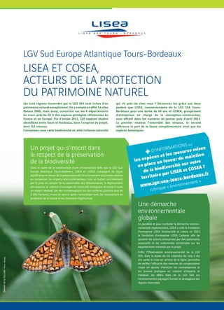 Une démarche
environnementale
globale
En parallèle et pour conforter la démarche environ-
nementale réglementaire, LISEA a créé la Fondation
d’entreprise LISEA Biodiversité et créera en 2013
soutenir les actions entreprises par des partenaires
associatifs et les collectivités territoriales sur les
départements traversés par le projet.
SEA, dont la durée de vie s’étendra de cinq à dix
ans après la mise en service de la ligne, permettra
mises en œuvre, d’enrichir les connaissances et
les bonnes pratiques en matière d’impacts et
l’environnement paysager, humain et écologique des
régions traversées.
Un projet qui s’inscrit dans
le respect de la préservation
de la biodiversité
Dans le cadre de la construction d’une infrastructure telle que la LGV Sud
Europe Atlantique Tours-Bordeaux, LISEA et COSEA s’engagent de façon
ou compenser les impacts environnementaux. Cela se traduit concrètement
par la prise en compte de la saisonnalité des déboisements, le déplacement
des espèces, la création d’ouvrages de continuité écologique et lorsqu’il reste
un impact résiduel, par des compensations sur des surfaces couvrant plus de
3 000 hectares, mises en œuvre après concertation avec les associations de
protection de la nature et les chambres d’agriculture.
+D’INFORMATIONS sur
les espèces et les mesures mises
en place en faveur du maintien
de la biodiversité sur votre
territoire par LISEA et COSEA ?
www.lgv-sea-tours-bordeaux.fr
rubrique « environnement »
LGV Sud Europe Atlantique Tours-Bordeaux
LISEA ET COSEA,
ACTEURS DE LA PROTECTION
DU PATRIMOINE NATUREL
Les trois régions traversées par la LGV SEA sont riches d’un
Natura 2000, mais aussi, concentré sur les 6 départements
du tracé, près de 50 % des espèces protégées référencées en
France et en Europe. Fin d’année 2012, 220 espèces étaient
dont 112 oiseaux.
Connaissez-vous cette biodiversité et cette richesse naturelle
qui vit près de chez vous ? Découvrez les grâce aux deux
posters que LISEA, concessionnaire de la LGV SEA Tours-
Bordeaux pour une durée de 50 ans et COSEA, groupement
d’entreprises en charge de la conception-construction,
Le premier recense l’ensemble des oiseaux, le second
référence la part de la faune complémentaire ainsi que les
espèces botaniques.
DamierdelaSuccise-Photo:Biotope
 