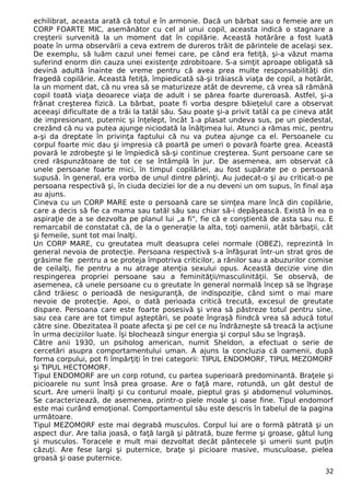 echilibrat, aceasta arată că totul e în armonie. Dacă un bărbat sau o femeie are un
CORP FOARTE MIC, asemănător cu cel al unui copil, aceasta indică o stagnare a
creşterii survenită la un moment dat în copilărie. Această hotărâre a fost luată
poate în urma observării a ceva extrem de dureros trăit de părintele de acelaşi sex.
De exemplu, să luăm cazul unei femei care, pe când era fetiţă, şi-a văzut mama
suferind enorm din cauza unei existenţe zdrobitoare. S-a simţit aproape obligată să
devină adultă înainte de vreme pentru că avea prea multe responsabilităţi din
fragedă copilărie. Această fetiţă, împiedicată să-şi trăiască viaţa de copil, a hotărât,
la un moment dat, că nu vrea să se maturizeze atât de devreme, că vrea să rămână
copil toată viaţa deoarece viaţa de adult i se părea foarte dureroasă. Astfel, şi-a
frânat creşterea fizică. La bărbat, poate fi vorba despre băieţelul care a observat
aceeaşi dificultate de a trăi la tatăl său. Sau poate şi-a privit tatăl ca pe cineva atât
de impresionant, puternic şi înţelept, încât 1-a plasat undeva sus, pe un piedestal,
crezând că nu va putea ajunge niciodată la înălţimea lui. Atunci a rămas mic, pentru
a-şi da dreptate în privinţa faptului că nu va putea ajunge ca el. Persoanele cu
corpul foarte mic dau şi impresia că poartă pe umeri o povară foarte grea. Această
povară le zdrobeşte şi le împiedică să-şi continue creşterea. Sunt persoane care se
cred răspunzătoare de tot ce se întâmplă în jur. De asemenea, am observat că
unele persoane foarte mici, în timpul copilăriei, au fost supărate pe o persoană
supusă. în general, era vorba de unul dintre părinţi. Au judecat-o şi au criticat-o pe
persoana respectivă şi, în ciuda deciziei lor de a nu deveni un om supus, în final aşa
au ajuns.
Cineva cu un CORP MARE este o persoană care se simţea mare încă din copilărie,
care a decis să fie ca mama sau tatăl său sau chiar să-i depăşească. Există în ea o
aspiraţie de a se dezvolta pe planul lui „a fi", fie că e conştientă de asta sau nu. E
remarcabil de constatat că, de la o generaţie la alta, toţi oamenii, atât bărbaţii, cât
şi femeile, sunt tot mai înalţi.
Un CORP MARE, cu greutatea mult deasupra celei normale (OBEZ), reprezintă în
general nevoia de protecţie. Persoana respectivă s-a înfăşurat într-un strat gros de
grăsime fie pentru a se proteja împotriva criticilor, a rănilor sau a abuzurilor comise
de ceilalţi, fie pentru a nu atrage atenţia sexului opus. Această decizie vine din
respingerea propriei persoane sau a feminităţii/masculinităţii. Se observă, de
asemenea, că unele persoane cu o greutate în general normală încep să se îhgraşe
când trăiesc o perioadă de nesiguranţă, de indispoziţie, când simt o mai mare
nevoie de protecţie. Apoi, o dată perioada critică trecută, excesul de greutate
dispare. Persoana care este foarte posesivă şi vrea să păstreze totul pentru sine,
sau cea care are tot timpul aşteptări, se poate îngraşă fiindcă vrea să aducă totul
către sine. Obezitatea îl poate afecta şi pe cel ce nu îndrăzneşte să treacă la acţiune
în urma deciziilor luate. îşi blochează singur energia şi corpul său se îngraşă.
Către anii 1930, un psiholog american, numit Sheldon, a efectuat o serie de
cercetări asupra comportamentului uman. A ajuns la concluzia că oamenii, după
forma corpului, pot fi împărţiţi în trei categorii: TIPUL ENDOMORF, TIPUL MEZOMORF
şi TIPUL HECTOMORF.
Tipul ENDOMORF are un corp rotund, cu partea superioară predominantă. Braţele şi
picioarele nu sunt însă prea groase. Are o faţă mare, rotundă, un gât destul de
scurt. Are umerii înalţi şi cu conturul moale, pieptul gras şi abdomenul voluminos.
Se caracterizează, de asemenea, printr-o piele moale şi oase fine. Tipul endomorf
este mai curând emoţional. Comportamentul său este descris în tabelul de la pagina
următoare.
Tipul MEZOMORF este mai degrabă musculos. Corpul lui are o formă pătrată şi un
aspect dur. Are talia joasă, o faţă largă şi pătrată, buze ferme şi groase, gâtul lung
şi musculos. Toracele e mult mai dezvoltat decât pântecele şi umerii sunt puţin
căzuţi. Are fese largi şi puternice, braţe şi picioare masive, musculoase, pielea
groasă şi oase puternice.
32
 