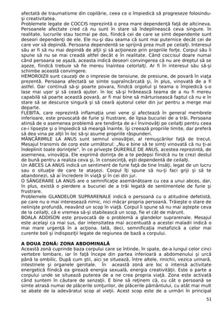 afectată de traumatisme din copilărie, ceea ce o împiedică să progreseze folosindu-
şi creativitatea.
Problemele legate de COCCIS reprezintă o prea mare dependenţă faţă de altcineva.
Persoanele afectate cred că nu sunt în stare să îndeplinească ceva singure. în
realitate, lucrurile stau tocmai pe dos, fiindcă cei de care se simt dependente sunt
deseori dependenţi de ele. Ele nu-şi dau seama că sunt mai puternice decât cei de
care vor să depindă. Persoana dependentă se sprijină prea mult pe ceilalţi. Interesul
său ar fi să nu mai depindă de alţii şi să acţioneze prin propriile forţe. Corpul său îi
spune să nu se mai creadă altfel decât e în realitate. Când coccisul doare numai
când persoana se aşază, aceasta indică deseori convingerea că nu are dreptul să se
aşeze, fiindcă trebuie să fie mereu înaintea celorlalţi. Ar fi în interesul său să-şi
schimbe această convingere.
HEMOROIZII sunt cauzaţi de o impresie de tensiune, de presiune, de povară în viaţa
prezentă. Persoana afectată se simte supraîncărcată şi, în plus, vinovată de a fi
astfel. Dar continuă să-şi poarte povara, fiindcă orgoliul şi teama o împiedică s-o
lase mai uşor şi să ceară ajutor. în loc să-şi hrănească teama de a nu fi mereu
capabilă să poarte această povară, ar fi mai bine să mărturisească faptul că nu e în
stare să se descurce singură şi să ceară ajutorul celor din jur pentru a merge mai
departe.
FLEBITA, care reprezintă inflamaţia unei vene şi afectează în general membrele
inferioare, este provocată de furie şi frustrare, de lipsa bucuriei de a trăi. Persoana
atinsă de o asemenea problemă are tendinţa de a-i învinovăţi pe ceilalţi pentru ceea
ce-i lipseşte şi o împiedică să meargă înainte. îşi creează propriile limite, dar preferă
să dea vina pe alţii în loc să-şi asume propriile răspunderi.
MÂNCĂRIMILE LA ANUS sunt semnul vinovăţiei, al remuşcărilor faţă de trecut.
Mesajul transmis de corp este următorul: „Nu e bine să te simţi vinovată că nu ţi-ai
îndeplinit toate dorinţele". în ce priveşte DURERILE DE ANUS, acestea reprezintă, de
asemenea, vinovăţia. Ele exprimă dorinţa de a te pedepsi fiindcă nu te crezi destul
de bună pentru a realiza ceva şi, în consecinţă, eşti dependentă de ceilalţi.
Un ABCES LA ANUS indică un sentiment de furie faţă de tine însăţi, legat de un lucru
sau o situaţie de care te ataşezi. Corpul îţi spune să nu-ţi faci griji şi să te
abandonezi, să ai încredere în viaţă şi în cei din jur.
O SÂNGERARE LA ANUS are o semnificaţie asemănătoare cu cea a unui abces, dar,
în plus, există o pierdere a bucuriei de a trăi legată de sentimentele de furie şi
frustrare.
Problemele GLANDELOR SUPRARENALE indică o persoană cu o atitudine defetistă,
pe care nu o mai interesează nimic, nici măcar propria persoană. Trăieşte o stare de
nelinişte profundă, neavând un scop în viaţă. Corpul îi spune să nu mai aştepte ceva
de la ceilalţi, că e vremea să-şi stabilească un scop, fie el cât de mărunt.
BOALA ADDISON este provocată de o problemă a glandelor suprarenale. Mesajul
este acelaşi ca mai sus, dar intensitatea mai accentuată a acestei maladii indică o
mai mare urgenţă în a acţiona. Iată, deci, semnificaţia metafizică a celor mai
curente boli şi indispoziţii legate de regiunea de bază a corpului.
A DOUA ZONĂ: ZONA ABDOMINALĂ
Această zonă cuprinde baza corpului care se întinde, în spate, de-a lungul celor cinci
vertebre lombare, iar în faţă începe din partea inferioară a abdomenului şi urcă
până la ombilic. După cum ştii, aici se situează, între altele, rinichii, vezica urinară,
intestinele şi organele genitale. În această zonă are loc o intensă activitate
energetică fiindcă ea girează energia sexuală, energia creativităţii. Este o parte a
corpului unde se situează puterea de a ne crea propria viaţă. Zona este activată
când suntem în căutare de senzaţii. E bine să reţinem că, cu cât o persoană se
simte atrasă numai de plăcerile simţurilor, de plăcerile pământului, cu atât mai mult
se abate de la adevăratul scop al vieţii. Acest scop este de a urmări în principal
51
 