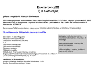 En émergence!!!!
6) la biothérapie
pôle de compétitivité Atlanpole Biothérapies
Structures du programmes investissements d’avenir : institut hospitalo-univeristaire CESTI, 2 Labex, 1 Equipex cyclotron Arronax., IDEFI
Réseau des Ecoles de Management et d’Ingénierie de la Santé « REMIS »; IDEFI MANIMAL avec l’ONIRIS et le centre de formation en
bioproduction BIOPRACTIS.
De nombreuses PME à l’exception d’acteurs majeurs comme EUROFINS et BIOFORTIS, filiale de MERIEUX et VIVALIS/VALNEVA.
50 établissements, 1000 salariés hautement qualifiés.
Laboratoires de recherche publics
14 laboratoires Université/INSERM
2 laboratoires Universités/INSERM/CNRS
1CIC
1 laboratoire Université/CNRS
1 laboratoire Université/INRA
5 équipes universitaires
1 laboratoire hospitalier
ISMANS, école d’ingénieurs en mécanique et matériaux ;
Biogenouest, GIP :coordonne 29 plateformes technologiques financements de 2 millions d’€
par les conseils régionaux Bretagne et pays de la loire
Laboratoires de recherche privés :
vingtaine d’entreprises issues des laboratoires publics depuis 15 ans
Eurofins, Biofortis, Effimune, Afflogic, Valvena
biothérapies : médecine régénératrice,
nanomédecine, biomatériaux, immunologie et
infectiologie
médecine personnalisée : évaluation des
risques et biomarqueurs
médecine nucléaire : médecine nucléaire et
rayonnements ionisants
 